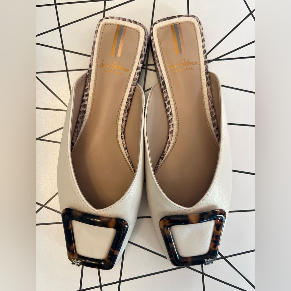 Sam Edelman Lavina Buckle Mules ivory w/ Tortoise buckle sz 5